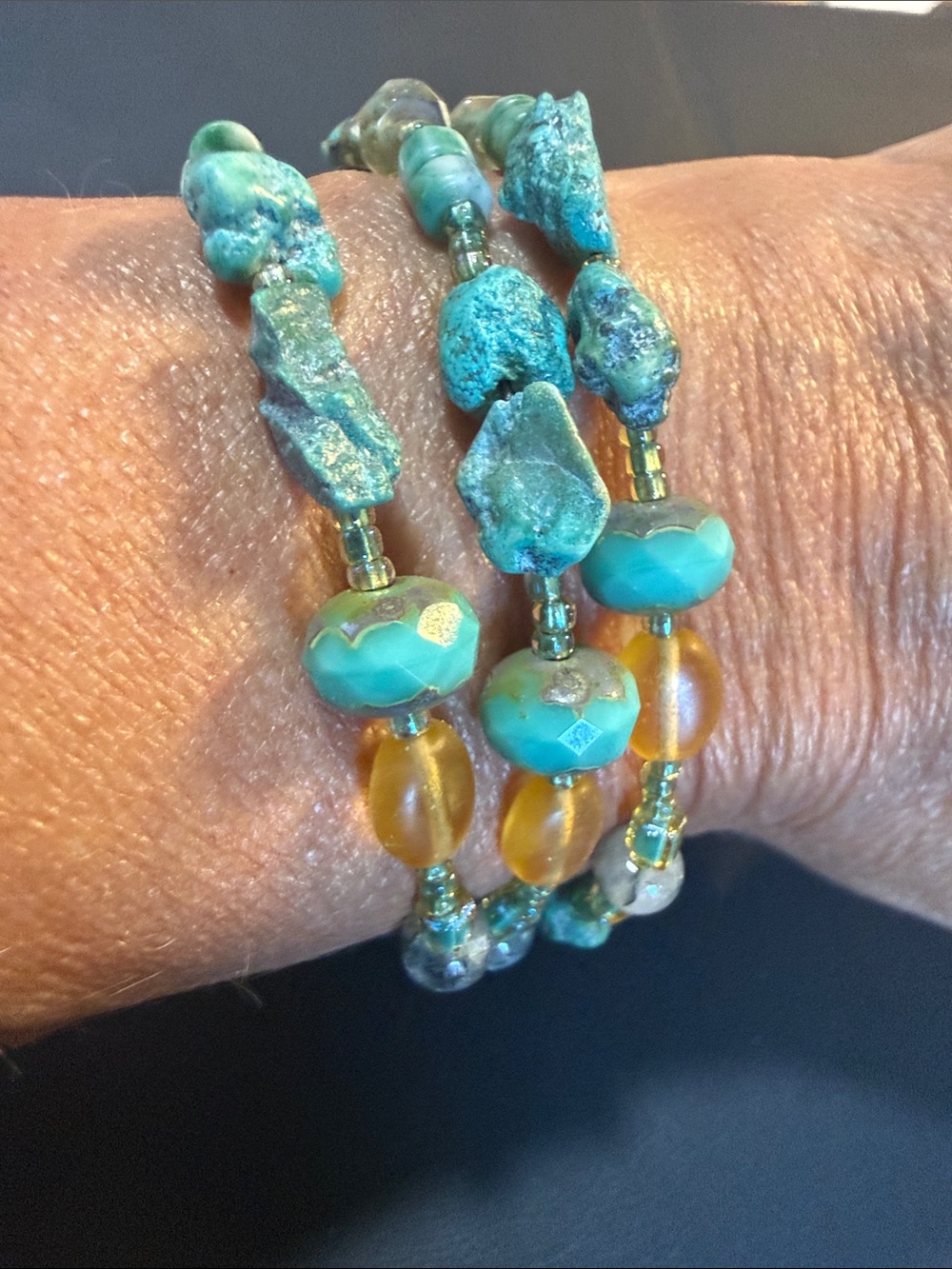Turquoise and Amber Beaded Wrap Bracelet